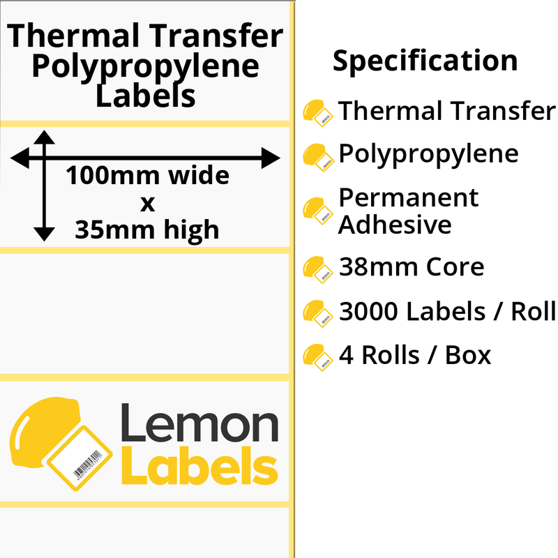 LL1001-26 - 100 x 35mm Gloss White Thermal Transfer Polypropylene Labels With Permanent Adhesive on 38mm Cores