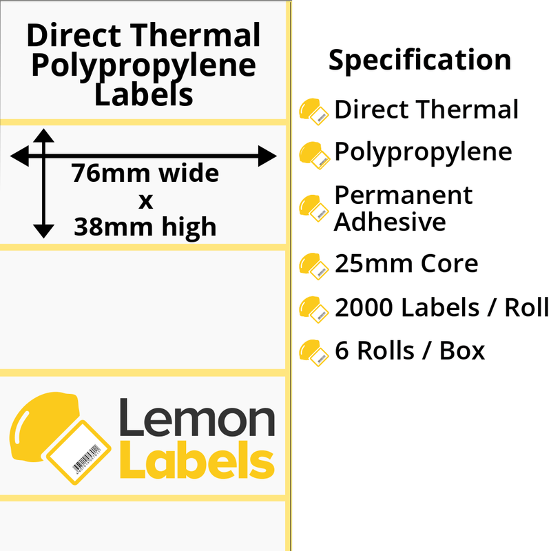 LL1180-24 - 76 x 38mm Direct Thermal Polypropylene Labels With Permanent Adhesive on 25mm Cores