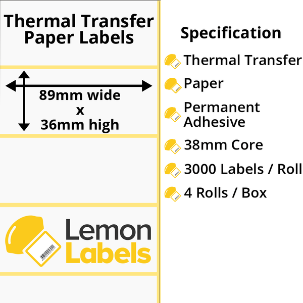 LL1196-21 - 89 x 36mm Thermal Transfer Paper Labels With Permanent Adhesive on 38mm Cores