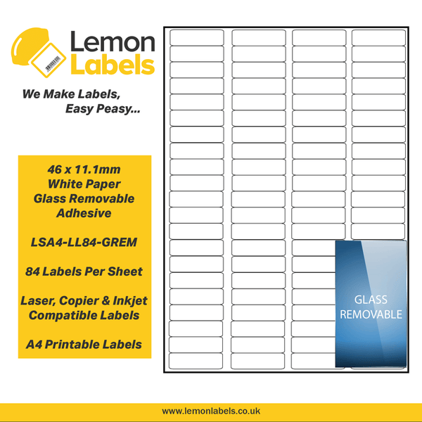LSA4-LL84-GREM - 46 x 11.1mm White Paper With Removable Adhesive Labels, 84 labels to an A4 sheet, 100 sheets