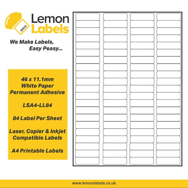 LSA4-LL84 - 46 x 11.1mm White Paper With Permanent Adhesive Labels, 84 labels to an A4 sheet, 500 sheets