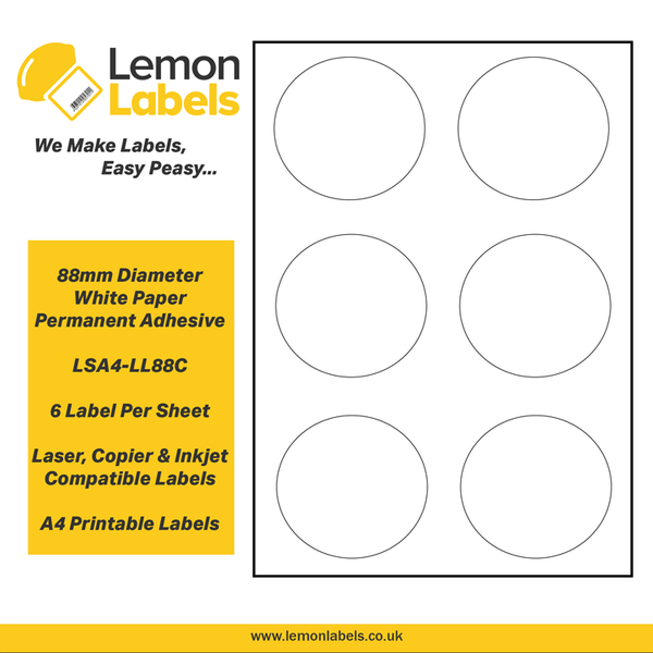 LSA4-LL88C - 88mm White Paper With Permanent Adhesive Labels, 6 labels to an A4 sheet, 500 sheets