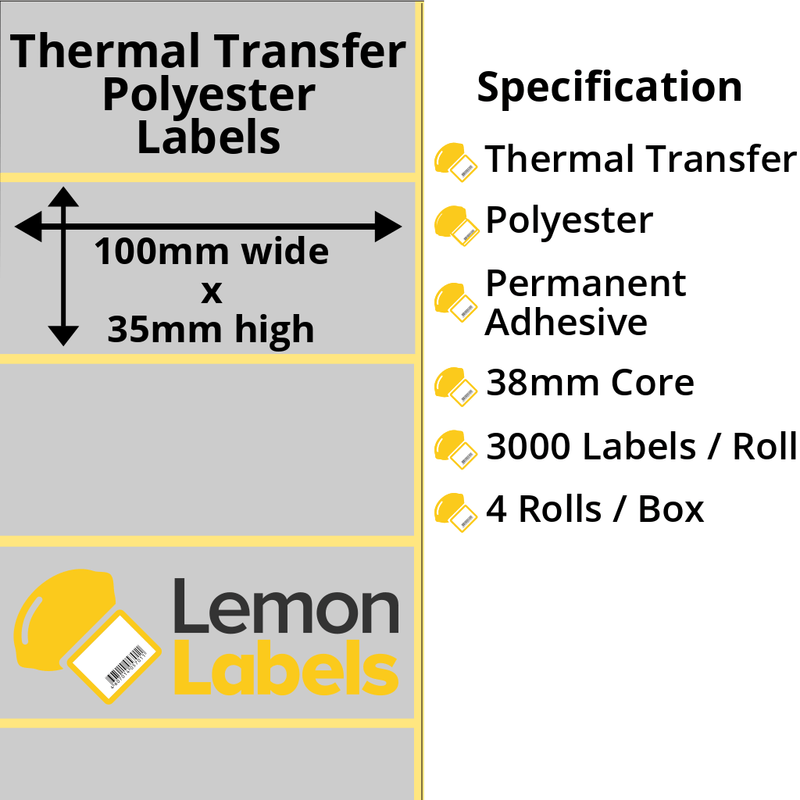 LL1001-27 - 100 x 35mm Silver Polyester Labels With Permanent Adhesive on 38mm Cores