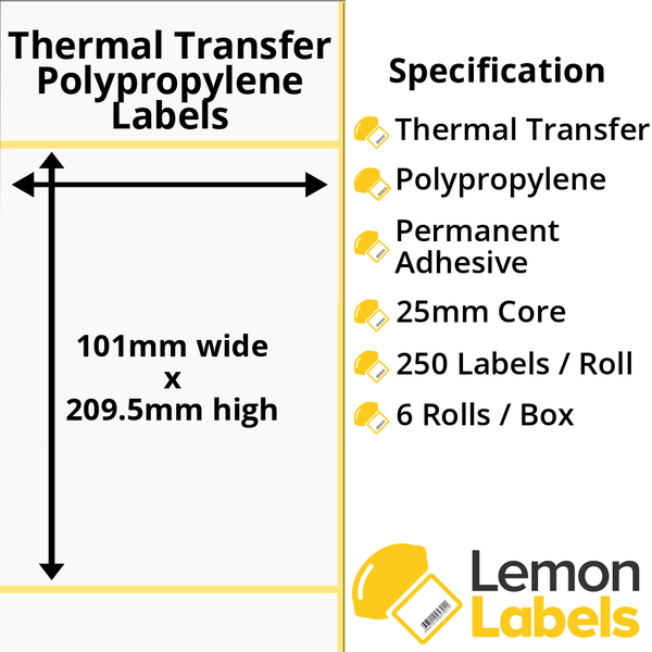 LL1015-26 - 101 x 209.5mm Gloss White Thermal Transfer Polypropylene Labels With Permanent Adhesive on 25mm Cores
