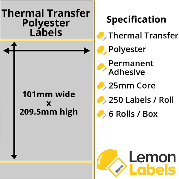 LL1015-27 - 101 x 209.5mm Silver Polyester Labels With Permanent Adhesive on 25mm Cores