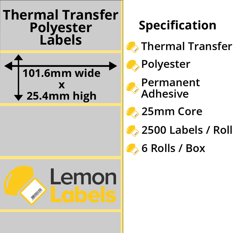 LL1021-27 - 101.6 x 25.4mm Silver Polyester Labels With Permanent Adhesive on 25mm Cores