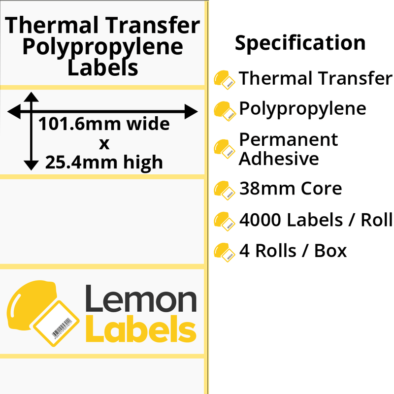 LL1022-26 - 101.6 x 25.4mm Gloss White Thermal Transfer Polypropylene Labels With Permanent Adhesive on 38mm Cores