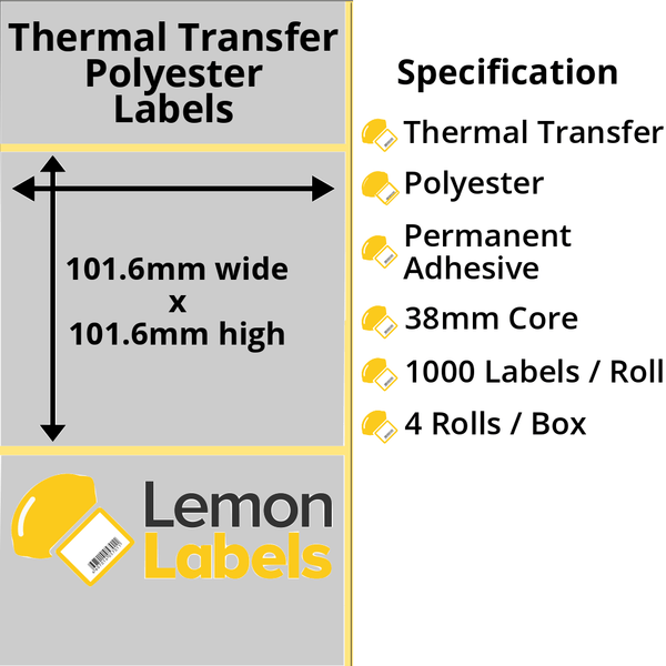 LL1034-27 - 101.6 x 101.6mm Silver Polyester Labels With Permanent Adhesive on 38mm Cores