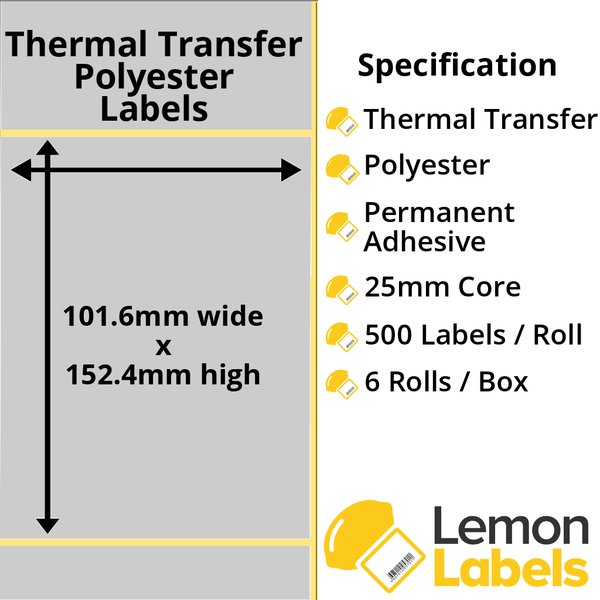 LL1039-27 - 101.6 x 152.4mm Silver Polyester Labels With Permanent Adhesive on 25mm Cores