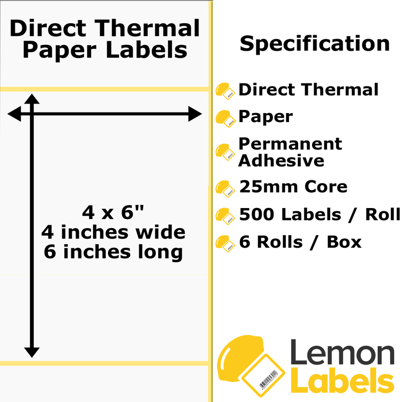 4 x 6" Direct Thermal Paper Labels For Citizen CLP-521 / CL-S521 With Permanent Adhesive on 25mm Cores With Perforations - LL1039A-20-CIT