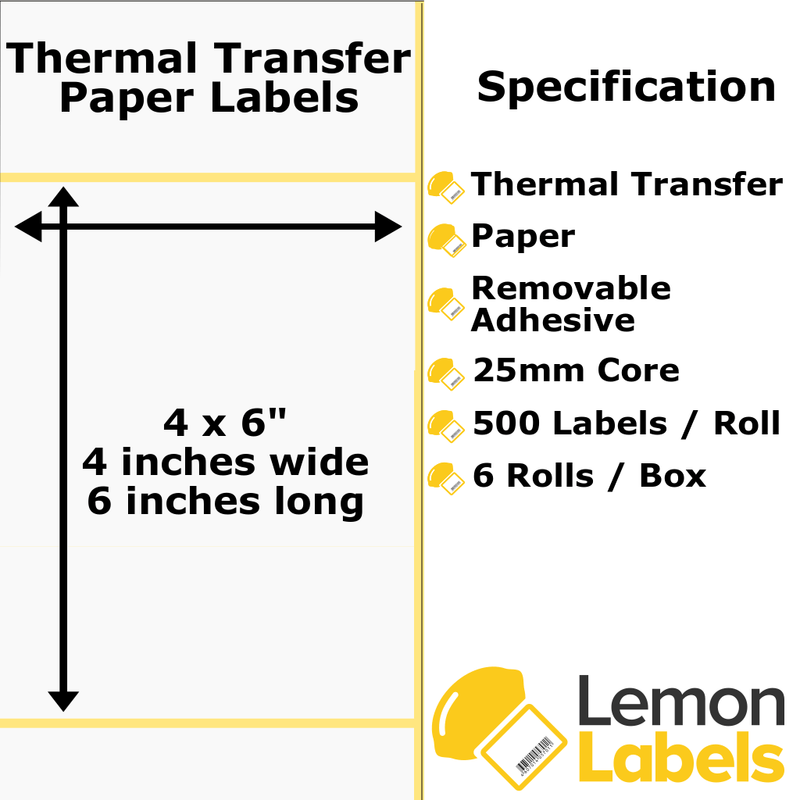 LL1039A-23 - 4x6" Thermal Transfer Paper Labels With Removable Adhesive on 25mm Cores