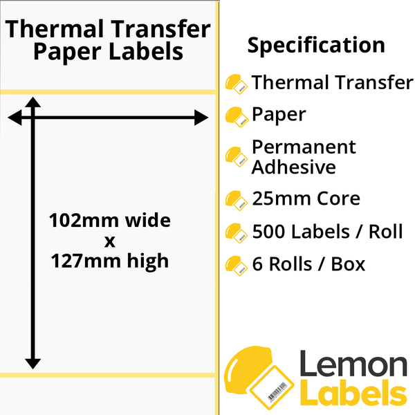 LL1051-21 - 102 x 127mm Thermal Transfer Paper Labels With Permanent Adhesive on 25mm Cores