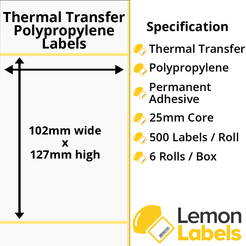 LL1051-26 - 102 x 127mm Gloss White Thermal Transfer Polypropylene Labels With Permanent Adhesive on 25mm Cores