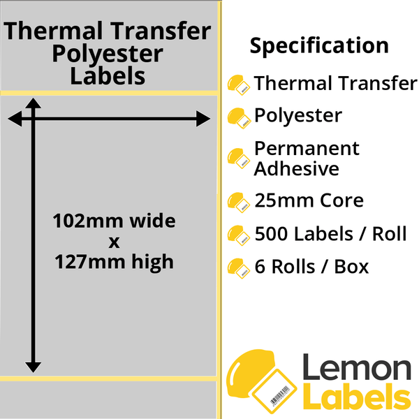 LL1051-27 - 102 x 127mm Silver Polyester Labels With Permanent Adhesive on 25mm Cores