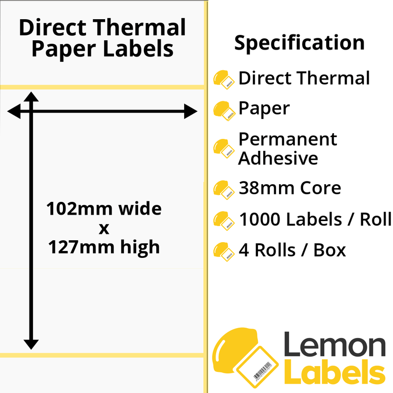 LL1052-20 - 102 x 127mm Direct Thermal Paper Labels With Permanent Adhesive on 38mm Cores