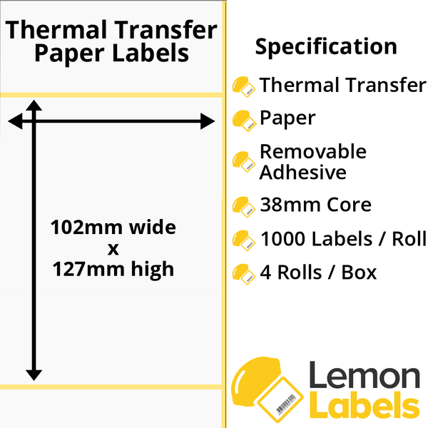 LL1052-23 - 102 x 127mm Thermal Transfer Paper Labels With Removable Adhesive on 38mm Cores