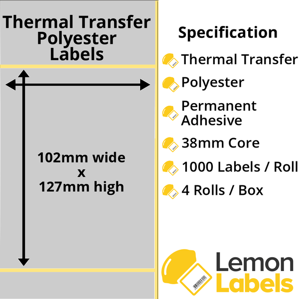 LL1052-27 - 102 x 127mm Silver Polyester Labels With Permanent Adhesive on 38mm Cores