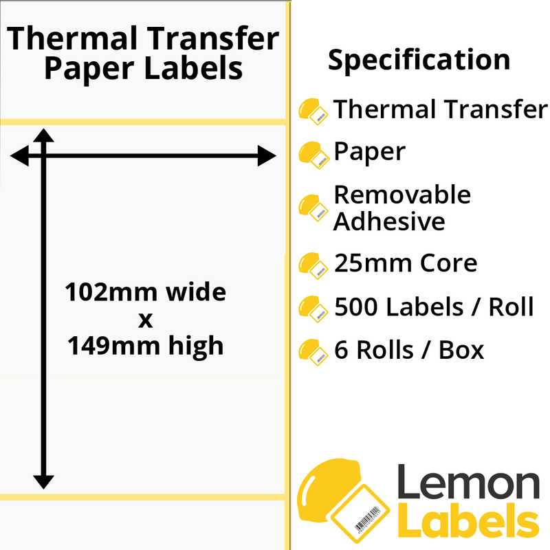 LL1054-23 - 102 x 149mm Thermal Transfer Paper Labels With Removable Adhesive on 25mm Cores