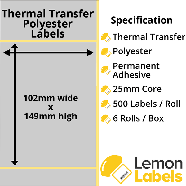 LL1054-27 - 102 x 149mm Silver Polyester Labels With Permanent Adhesive on 25mm Cores