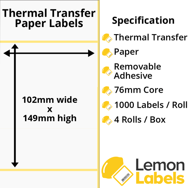 LL1056-23 - 102 x 149mm Thermal Transfer Paper Labels With Removable Adhesive on 76mm Cores