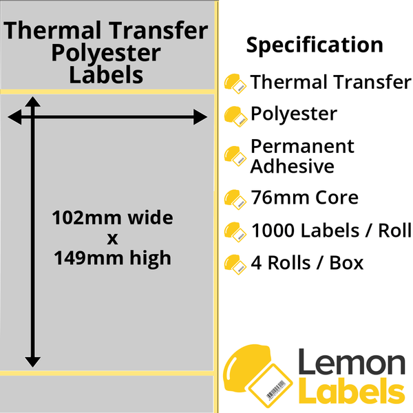 LL1056-27 - 102 x 149mm Silver Polyester Labels With Permanent Adhesive on 76mm Cores