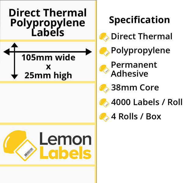 LL1064-24 - 105 x 25mm Direct Thermal Polypropylene Labels With Permanent Adhesive on 38mm Cores