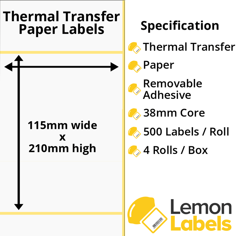 LL1067-23 - 115 x 210mm Thermal Transfer Paper Labels With Removable Adhesive on 38mm Cores