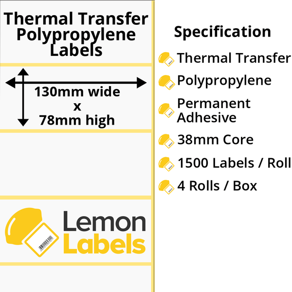 LL1070-26 - 130 x 78mm Gloss White Thermal Transfer Polypropylene Labels With Permanent Adhesive on 38mm Cores