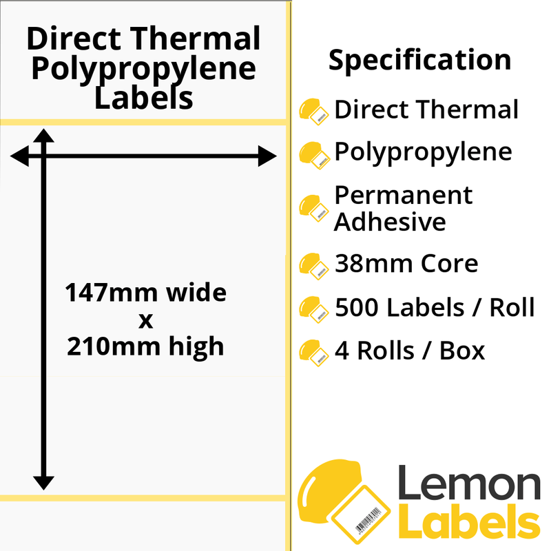 LL1076-24 - 147 x 210mm Direct Thermal Polypropylene Labels With Permanent Adhesive on 38mm Cores