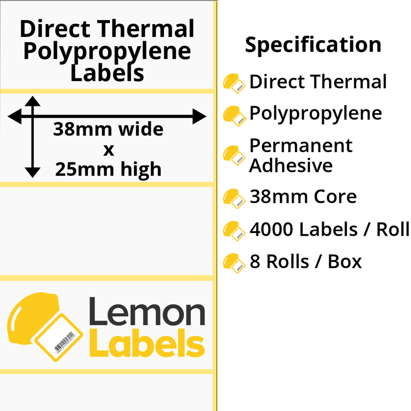 LL1097-24 - 38 x 25mm Direct Thermal Polypropylene Labels With Permanent Adhesive on 38mm Cores