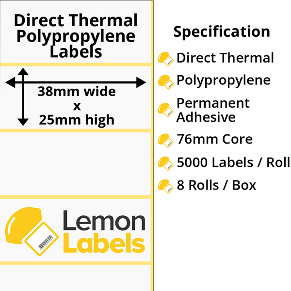 LL1098-24 - 38 x 25mm Direct Thermal Polypropylene Labels With Permanent Adhesive on 76mm Cores