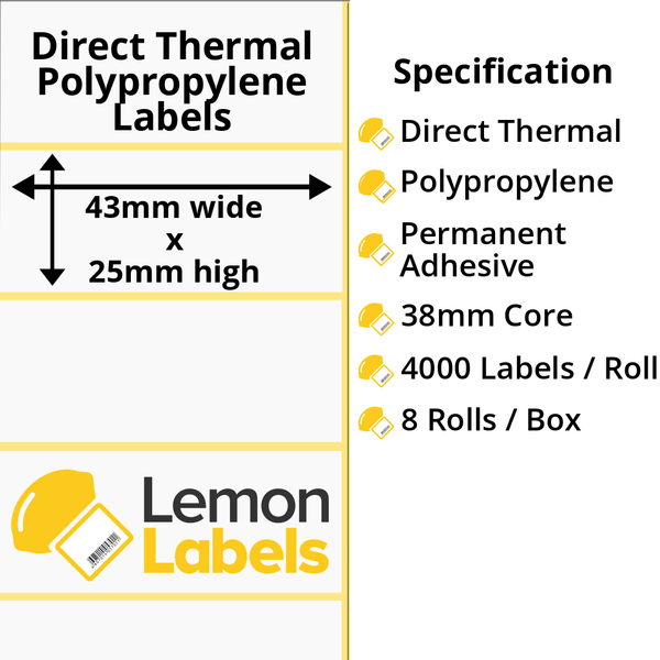 LL1106-24 - 43 x 25mm Direct Thermal Polypropylene Labels With Permanent Adhesive on 38mm Cores