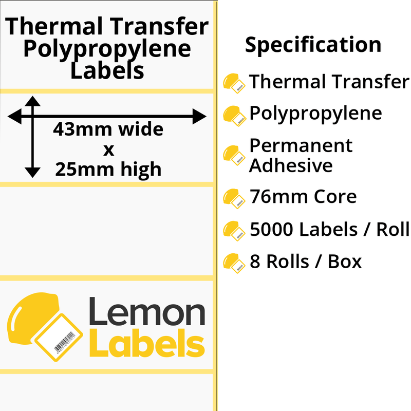 LL1107-26 - 43 x 25mm Gloss White Thermal Transfer Polypropylene Labels With Permanent Adhesive on 76mm Cores