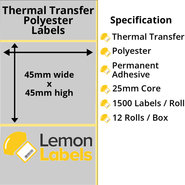 LL1108-27 - 45 x 45mm Silver Polyester Labels With Permanent Adhesive on 25mm Cores