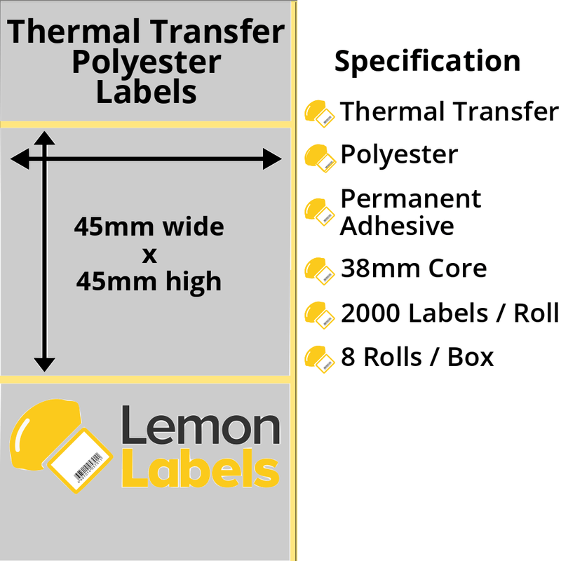 LL1109-27 - 45 x 45mm Silver Polyester Labels With Permanent Adhesive on 38mm Cores