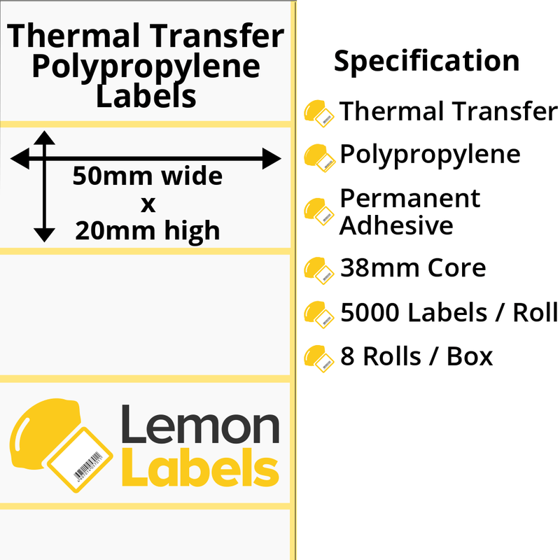 LL1112-26 - 50 x 20mm Gloss White Thermal Transfer Polypropylene Labels With Permanent Adhesive on 38mm Cores