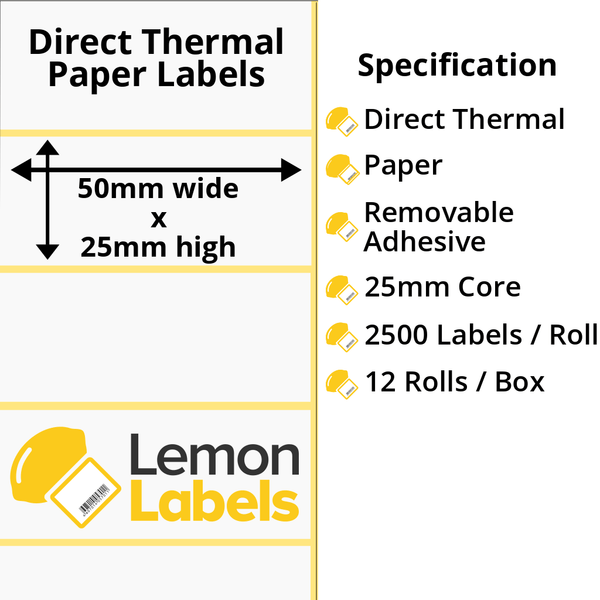 LL1114-22 - 50 x 25mm Direct Thermal Paper Labels With Removable Adhesive on 25mm Cores