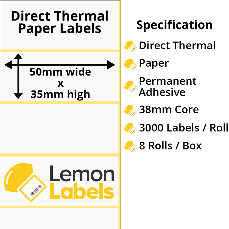 LL1118-20 - 50 x 35mm Direct Thermal Paper Labels With Permanent Adhesive on 38mm Cores