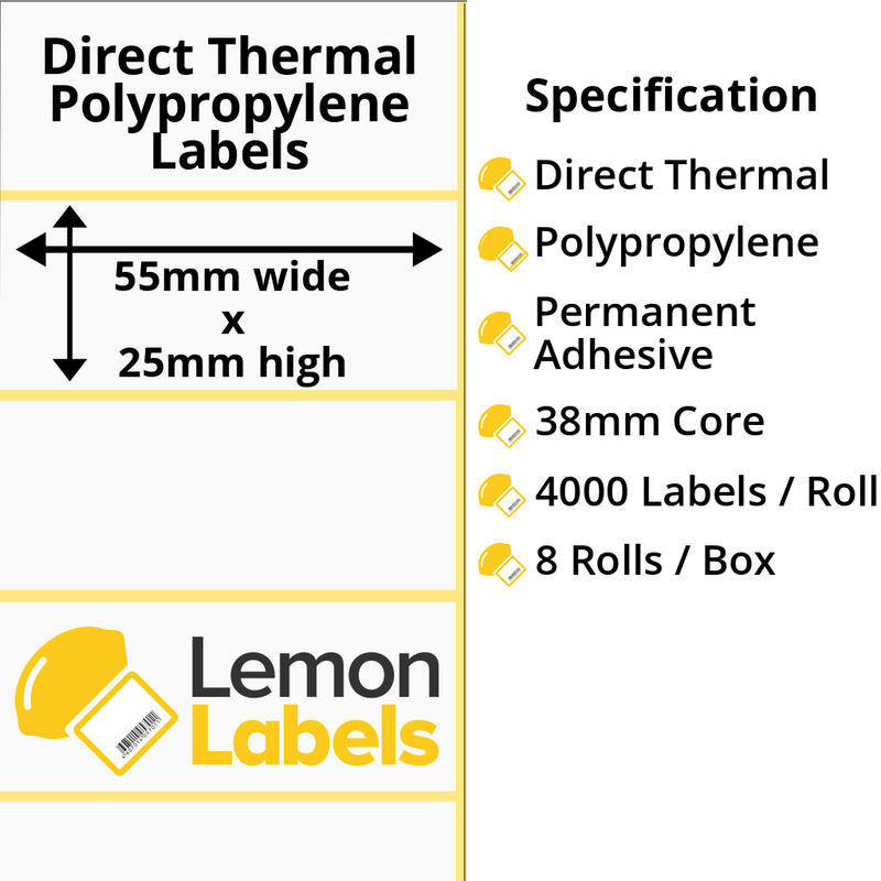 LL1136-24 - 55 x 25mm Direct Thermal Polypropylene Labels With Permanent Adhesive on 38mm Cores