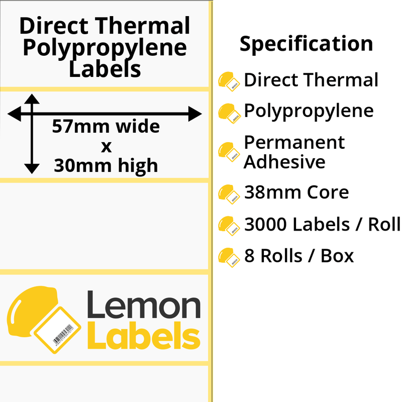 LL1142-24 - 57 x 30mm Direct Thermal Polypropylene Labels With Permanent Adhesive on 38mm Cores