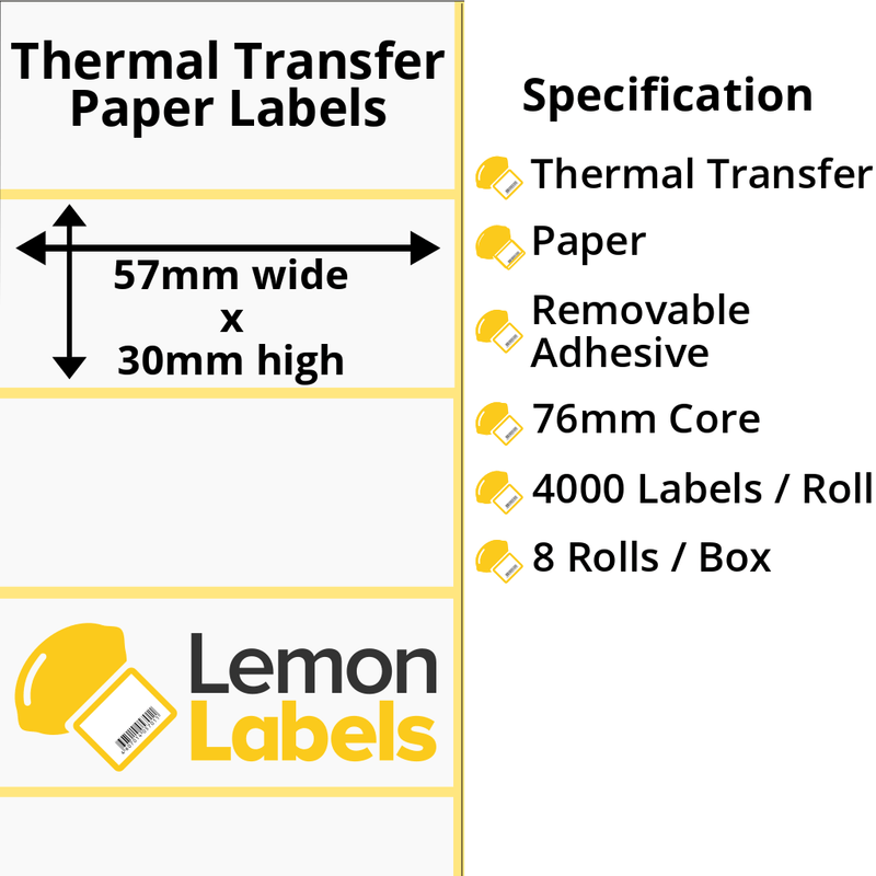 LL1143-23 - 57 x 30mm Thermal Transfer Paper Labels With Removable Adhesive on 76mm Cores