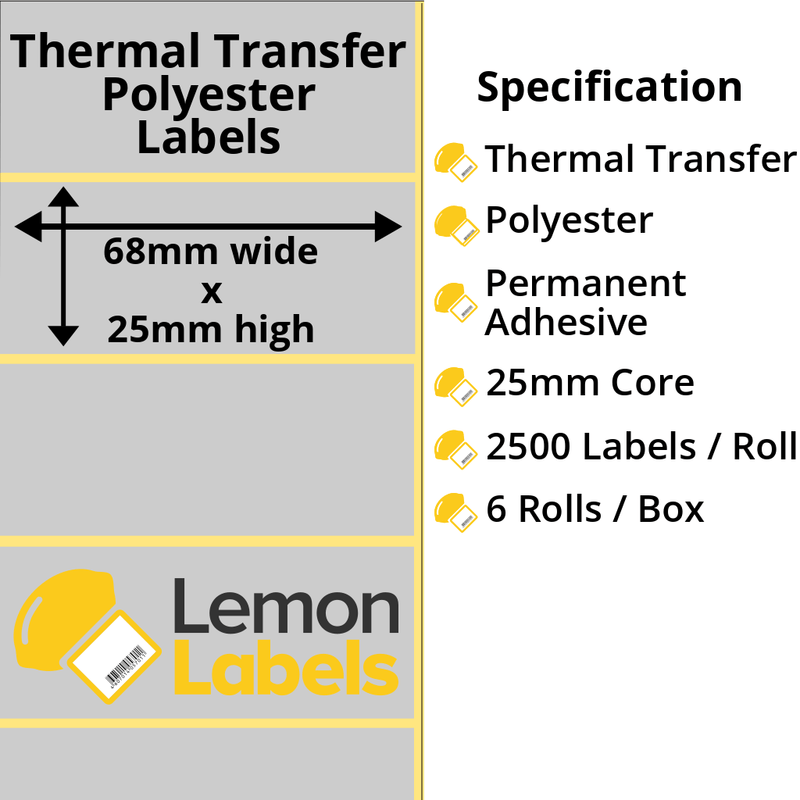 LL1156-27 - 68 x 25mm Silver Polyester Labels With Permanent Adhesive on 25mm Cores