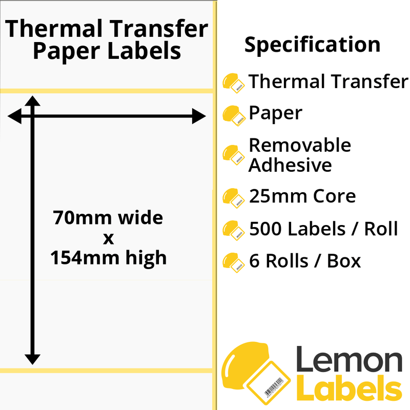 LL1159-23 - 70 x 154mm Thermal Transfer Paper Labels With Removable Adhesive on 25mm Cores