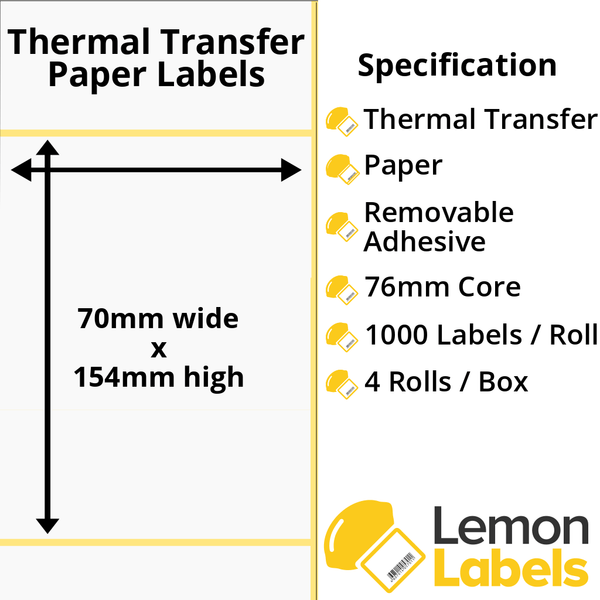 LL1161-23 - 70 x 154mm Thermal Transfer Paper Labels With Removable Adhesive on 76mm Cores