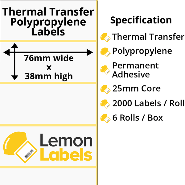 LL1180-26 - 76 x 38mm Gloss White Thermal Transfer Polypropylene Labels With Permanent Adhesive on 25mm Cores