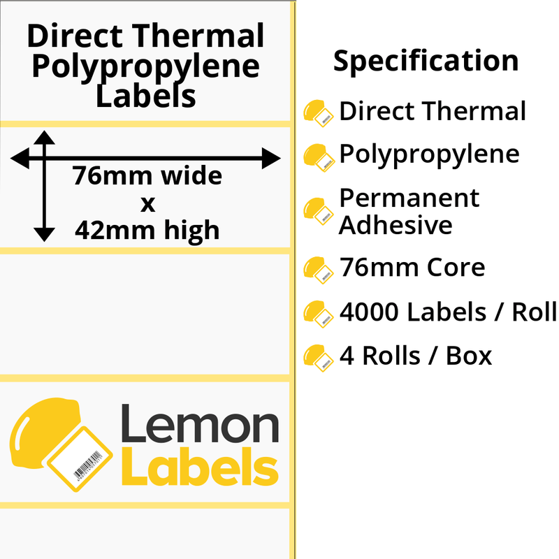 LL1185-24 - 76 x 42mm Direct Thermal Polypropylene Labels With Permanent Adhesive on 76mm Cores