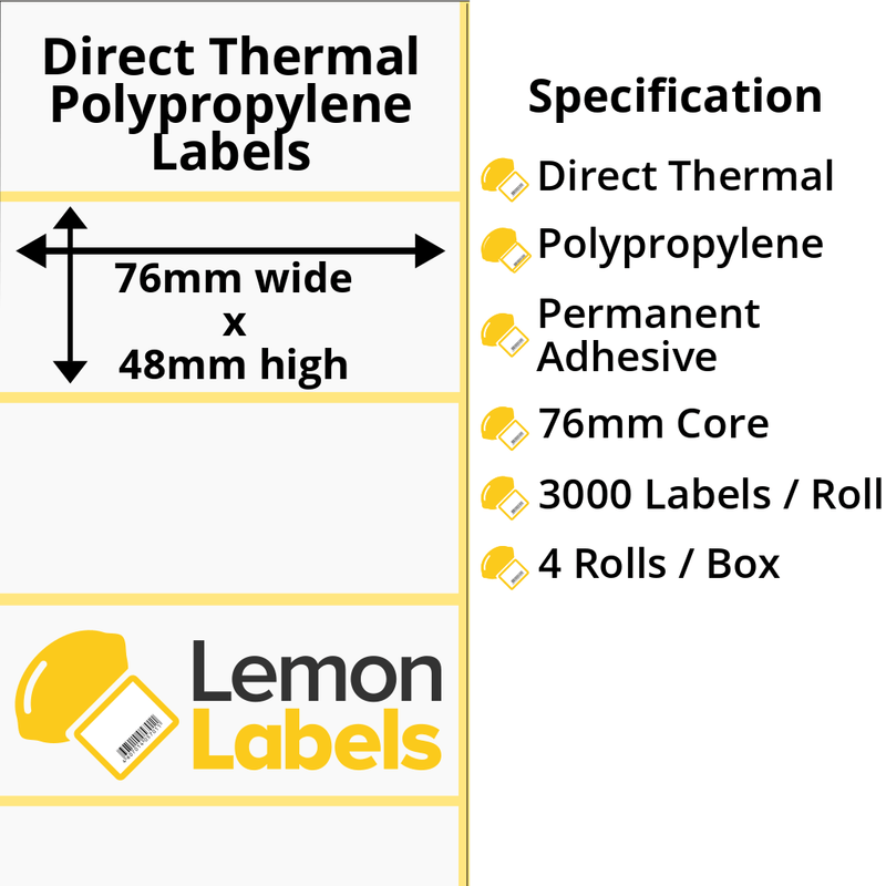 LL1188-24 - 76 x 48mm Direct Thermal Polypropylene Labels With Permanent Adhesive on 76mm Cores