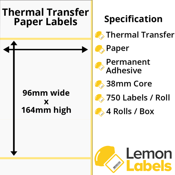 LL1202-21 - 96 x 164mm Thermal Transfer Paper Labels With Permanent Adhesive on 38mm Cores