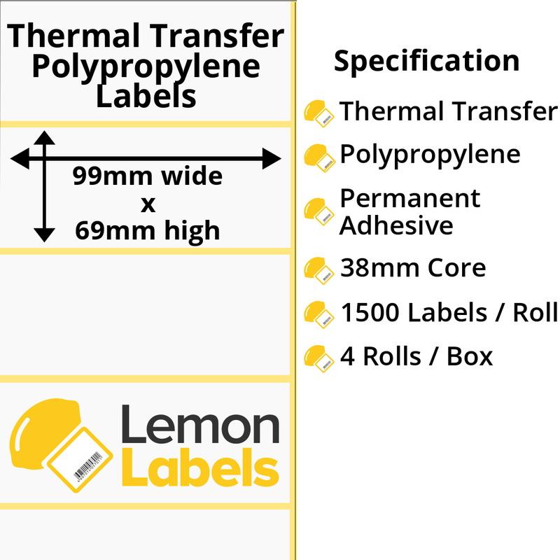 LL1208-26 - 99 x 69mm Gloss White Thermal Transfer Polypropylene Labels With Permanent Adhesive on 38mm Cores