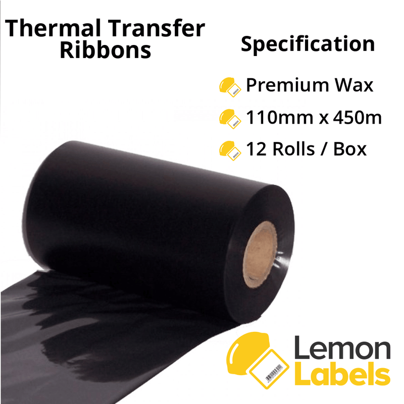 Zebra 110mm wide x 450m Premium Wax Ribbons - Zebra 02300BK11045 Compatible Ribbon (P/N LR-8004-450)